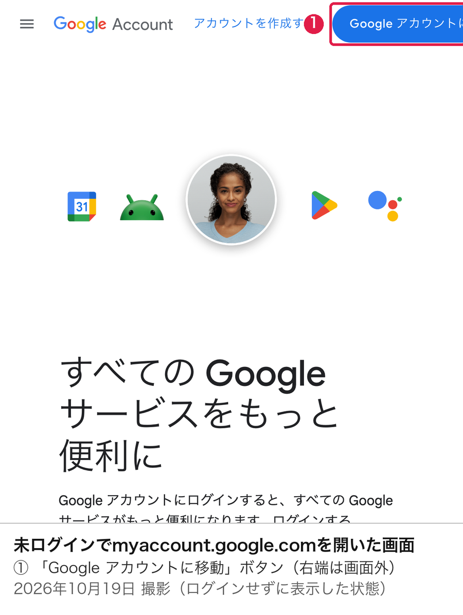 ログインしていない状態でmyaccount.google.comを開いたときに表示されたGoogleアカウントの紹介ページ。右上にGoogleアカウントに移動するボタンがある