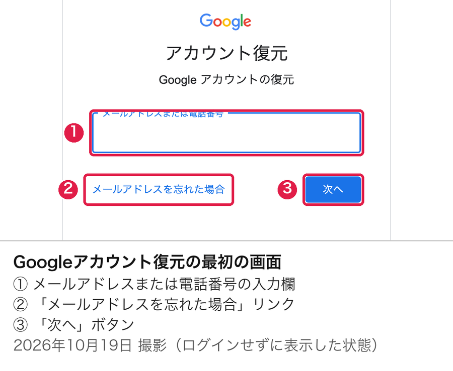 Googleのアカウント復元画面の最初の状態。見出しは「アカウント復元」で、入力欄、メールアドレスを忘れた場合のリンク、次へボタンの3つだけがある